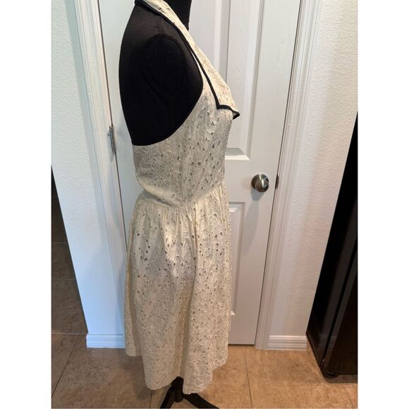 Anthropologie Eyelet Halter Silk Ivory Dress Black Trim  Sz 6 See Description - Picture 3 of 8
